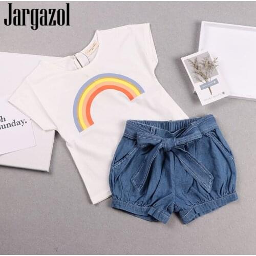 Jargazol Toddler Girl Clothes Rainbow Printed Short Sleeve Tops&big Bow Shorts Girls Outfits Children Clothing Set Kids Clothes