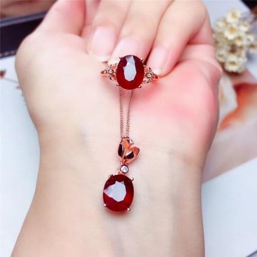 PROCOGEM 5A Natural Heated Ruby Jewelry sets for Women Ring Necklace 8x10mm 3.15ct X2 genuine Red gemstones 925 Sterling Silver