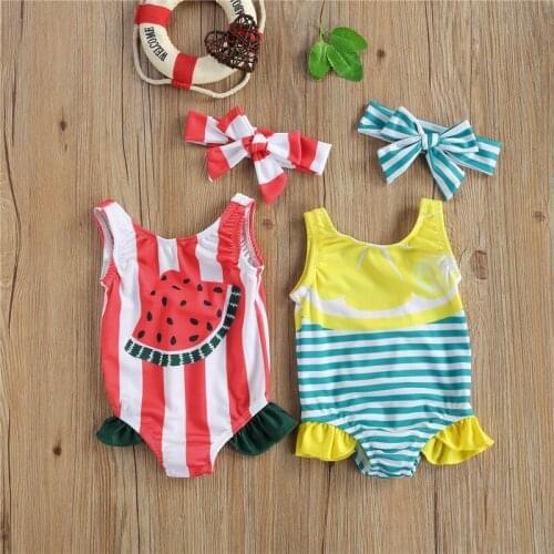 2 Pcs Baby Girls Summer Swimsuits Sleeveless Fruit & Stripe Print U-shaped Neck Ruffle Swimwear + Bowknot Headband