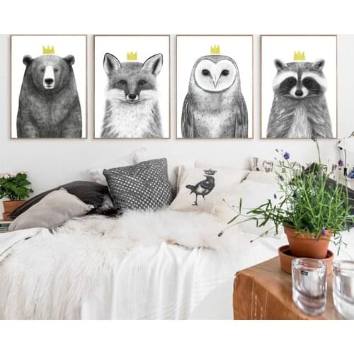 Bear Fox Owl Crown Canvas Child Poster Nursery Wall Art Picture Print Forest Animal Painting Nordic Kid Baby Bedroom Decor