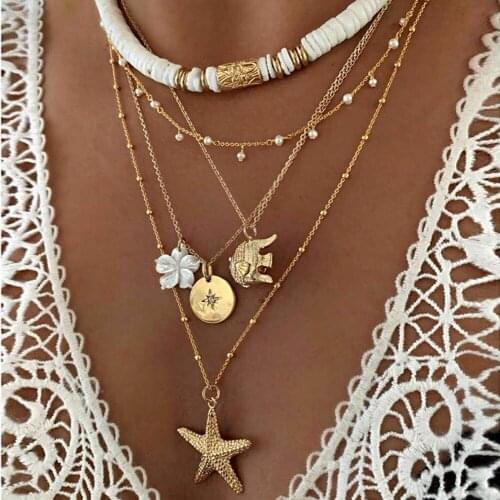 Multilayer Necklace for Women Boho Soft Pottery Elephant Flower Starfish Clavicle Chain Choker Necklace Fashion Jewelry AM3276