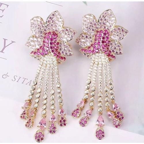 Fashion Trendy Romantic Shiny Luxury Elegant Big Earrings Jewelry For Women Bridal Wedding Party Show High quality Red Zirconia