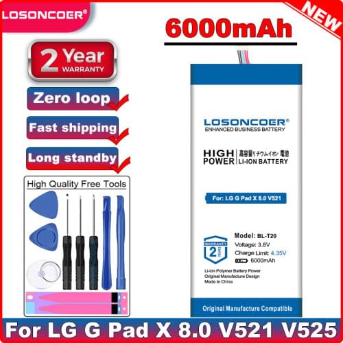 LOSONCOER 6000mAh BL-T20 for LG G Pad X 8.0 V521 V525 Table PC Latest Production High Quality Battery Free Tools
