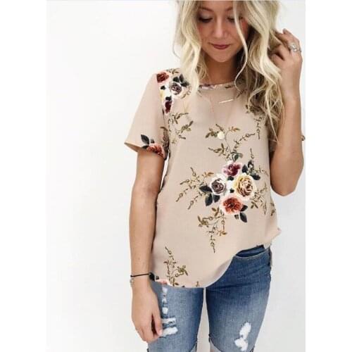 New Casual Women Clothes Loose Ladies Summer Woman Blouse Floral Printed Short Sleeve Ladies Chiffon Loose Casual Tops