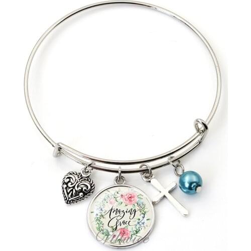 2020 New expandable wire cuff bangle bracelet handmade art glass charms bangles bible verses quote jewelry christian gifts