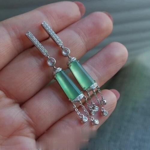 Original new unique design inlaid high ice species chalcedony connecting earrings elegant charm creative retro silver jewelry