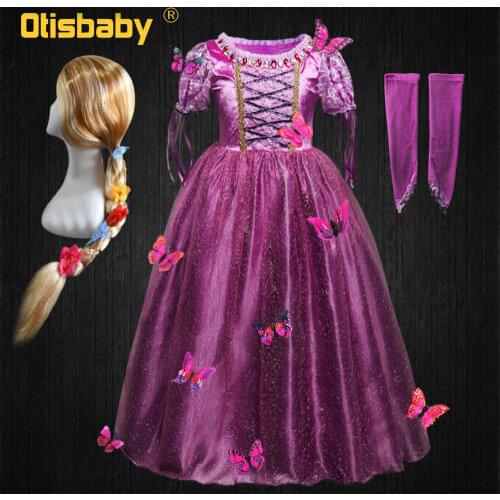 Girl Princess Rapunzel Dress Puff Sleeve 3d Butterfly Gorgeous Gowns Infant Christmas Halloween Child Rapunzel Dress Up Wig Hair