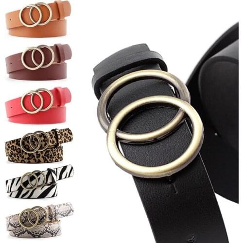 Fashion Womens Belts PU Leather Matel Double Ring Buckle Waistband Vintage Decorative Gold Color Long Ladies Belt for Jeans
