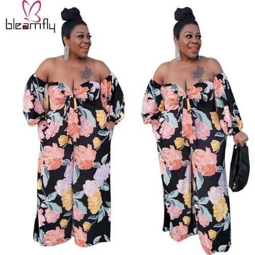 Sexy Off The Shoulder Jumpsuit Women Flower Printed Wide Leg Long Playsuit One Piece Rompers Elegant Outfits Plus Size 4XL 5XL