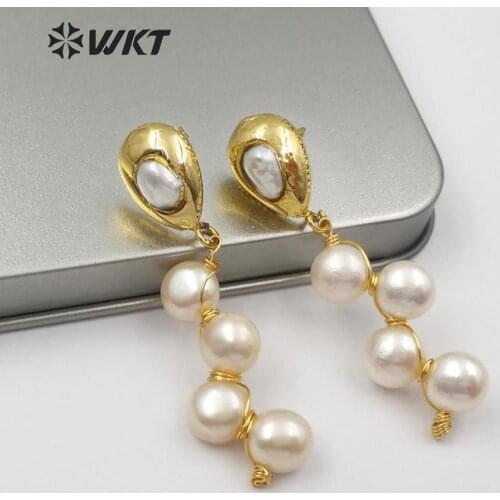 WT-E529 WKT Trim Natural Freshwater Pearl Five Tiny Round Shape Pearl Inlay Earring Delicate Classic Pearl Women Earring