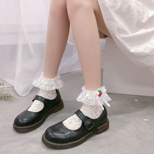 Lovely girl cotton Hollow out strawberry lace bow Japanese Student style lolita cosplay white/black socks