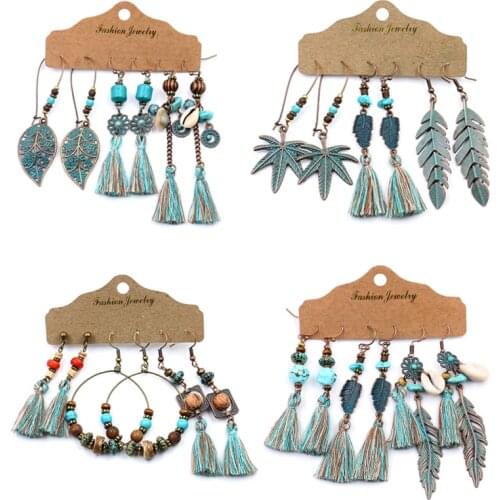 Vintage tassel earring texture leaves shell maple leaf beading for girls jewelry chain metal wholesale earrings