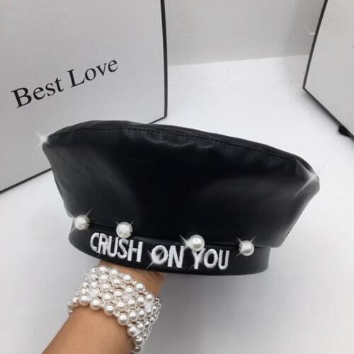 Japanese the new pearl letter during the spring and autumn summer PU leather beret female British painter hat