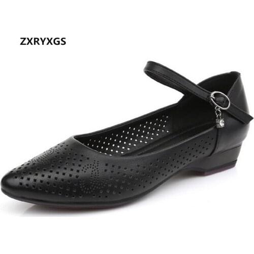 Top Cowhide Spring Summer Woman Shoes Breathable Sandals Low Heels 2020 Pointed Shallow Mother Leather Shoes Fashion Large Size