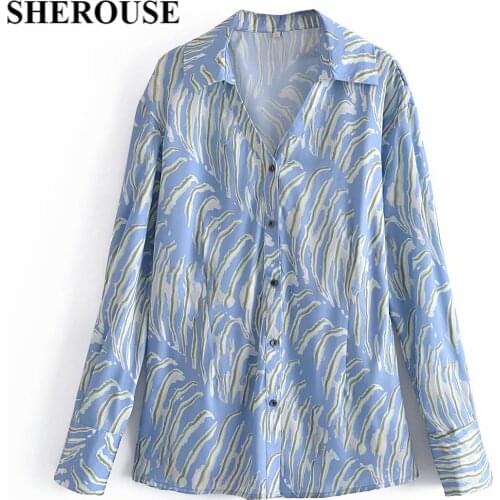 DUOPERI Women Fashion Blue Striped Print Loose Shirt Vintage Single Breasted Long Sleeves Lapel Collar Woman Chic Tops Blouse