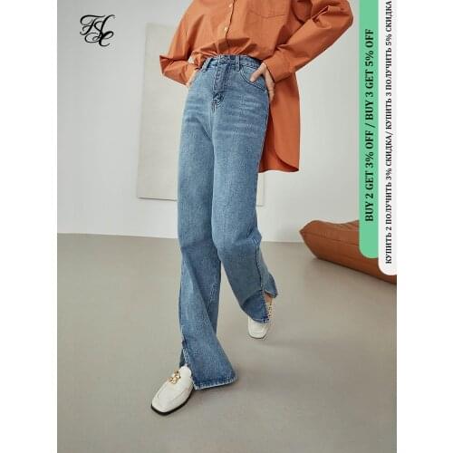 FANSILANEN 2021 Womens Retro High Waist Jeans Womens Trousers Straight Slits Autumn New Dark Denim Light Color Women Jeans