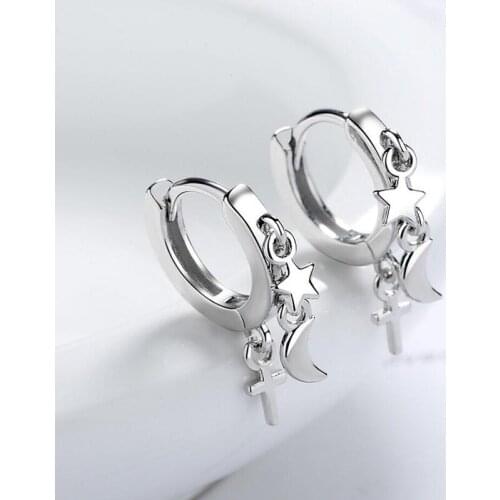 2021 New Fashion 925 Sterling Silver Earrings for Women Creative Star Moon Vintage Cross Hoop Ear Jewelry Girl Birthday Gift