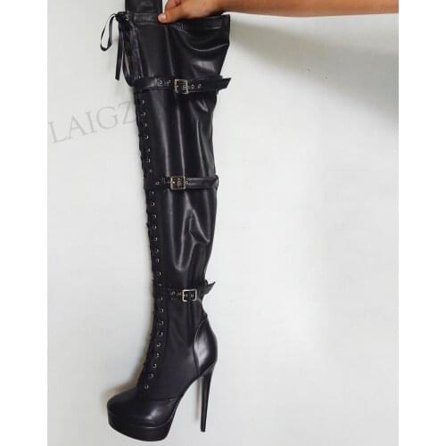 BERZIMER Women Platform Thigh High Boots Buckle Straps Zipper Boots Over Knee Wide Calf Friendly Shoes Woman Big Size 39 43 52
