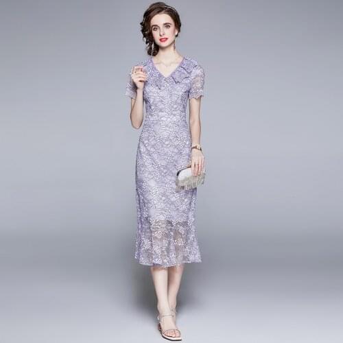 Summer Purple Lace Embroidered Flowers Mermaid Dress Princess Short Sleeve V Neck Ruffles Vacation Cocktail Party Vestidos 6807