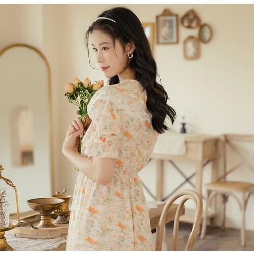 French Gentle Floral Fairy Dress Women 2021 Temperament Short-sleeved Lace Stitching Lapel Sweet Retro Chiffon Print Dress Summe