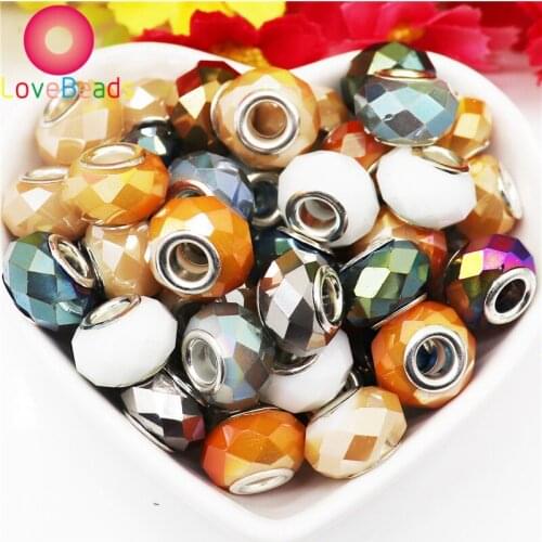 10Pcs Handmade Faceted Glass Murano 14x8mm Large Hole European Beads Fit Pandora Charms Bracelet Chain Spacer Beads Necklaces