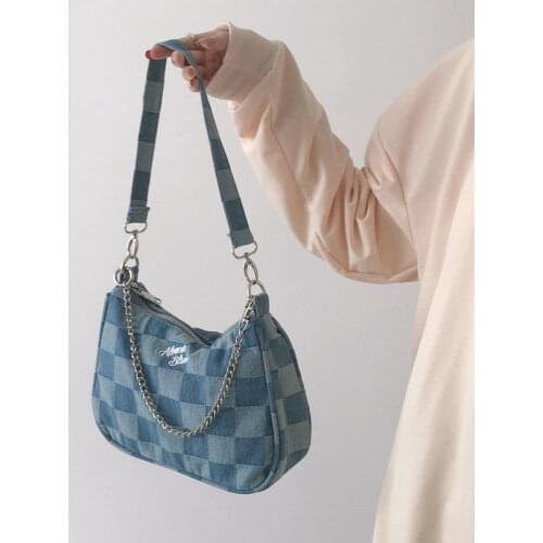 2021 South Korea ins Japanese denim plaid underarm bag high quality retro portable bag chain shoulder bag