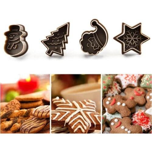 4pcs Christmas Tree Snowman Plastic Baking Mold DIY Kitchen Biscuit Cookie Cutter Pastry Plunger Fondant Cake Decorating Tools