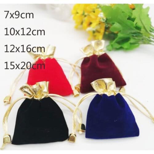 Hot 100pcs/Lot 7x9 10x12 12x16 15x20cm Drawstring Velvet Bags Jewellery Pouch Phnom Penh Gold Bead Gift Package Bags