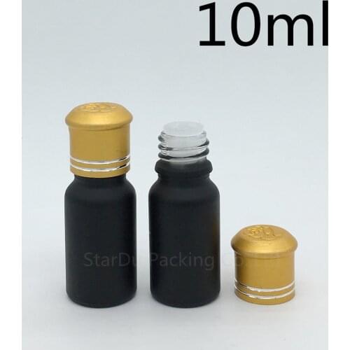 12pcs/lot 10ML Black Frosted Glass Bottle 10cc Vials Essential Oil Bottle with gold cover Perfume bottles