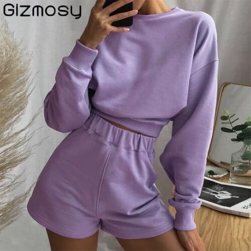 Gizmosy Joggers Women Two Pieces of Sets Loose Long Sleeves Sweatshirt + Casual High Waist Shorts Suit Sportswear Fashion Sets