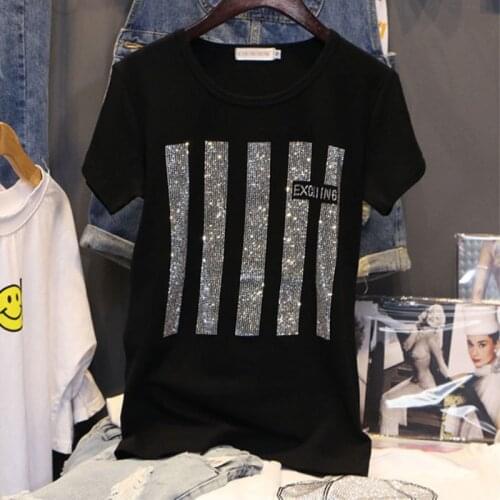 Short Sleeve T-shirt Women Summer Clothes New 2021 Fashion Hot Drilling Printing Loose Bottoming Shirt Pullovers Female