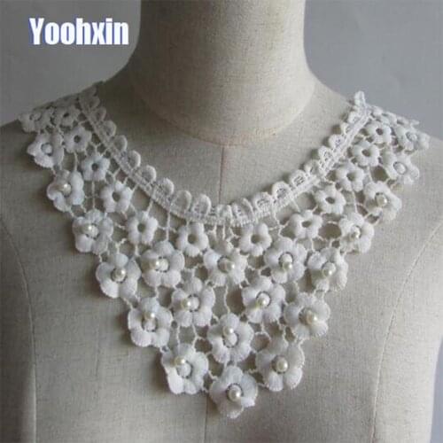 Exquisite 3D beads flower cotton embroidery DIY lace collar Fabric Sewing Applique ribbon trim neckline guipure wedding decor