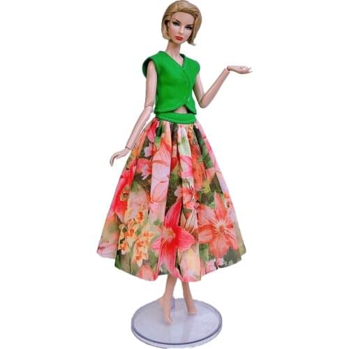 Fashion Doll Clothes For Barbie Doll Outfit Party Gown Green Top & Colorful Floral Midi Skirt 1/6 Doll Accessories Kids Toy Gift