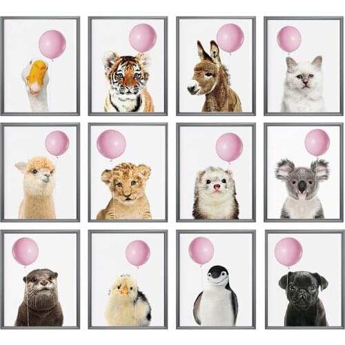 Set of 12 Print Minimalist Animal Goose White Cat Pug Baby Tiger With Balloon Pictures Nursery Sloth No Frame Wall Painting