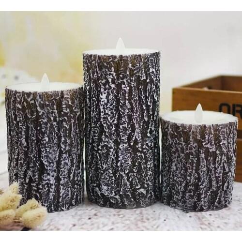 Set of 3 Moving Dancing Swinging Wick LED Pine Bark Candle Remote controlled Paraffin Wax Wedding Home Party Decoration-Amber