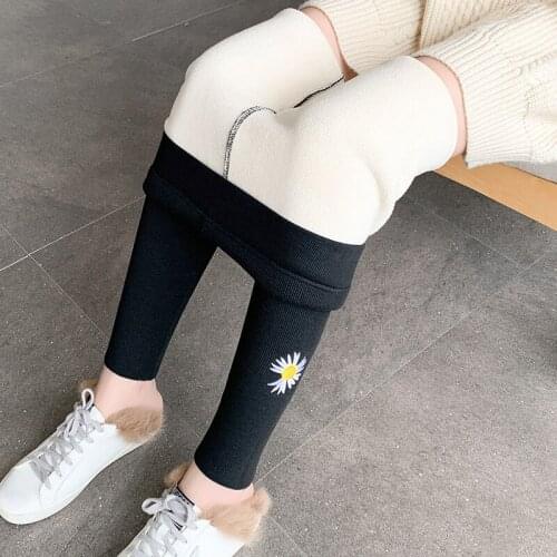 2020 Autumn And Winter Small Daisy Leggings Warm Plush Thick Thread Embroidered Words Women Cotton Pants Lamb Cashmere Legging