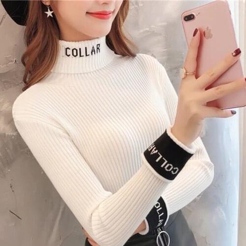 Autumn Knitted Jumper Turtleneck Tops Women Casual Letter Print Splicing Pullover Sweaters Korean Lady Long Sleeve Tight Sweater