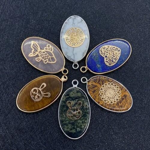 Natural Semi-precious Stone Pendant Single Hole Oval Shoushan Stone Pendant with Metal Sheet DIY Necklace Jewelry Making 19x35mm