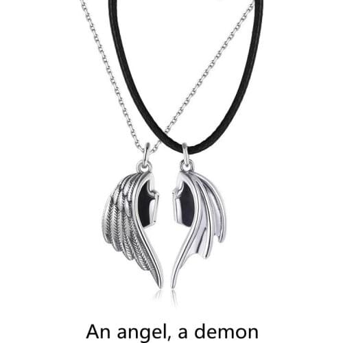 2PCS Punk Magnets Attract Leather Rope Link Chain Angel Demon Wing Pendant Necklace for Lover Couples Men Women Clavicle Jewelry