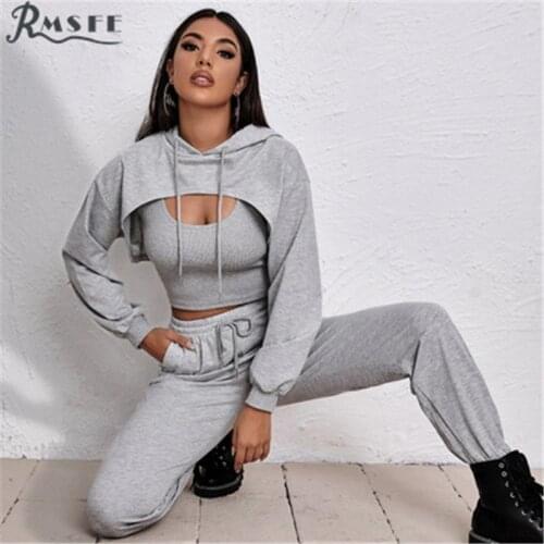 RMSFE 2021 Womens Autumn And Winter Sports Drawstring Hoodie Loose Folding Short Small Sling Vest Two Piece Suit Set