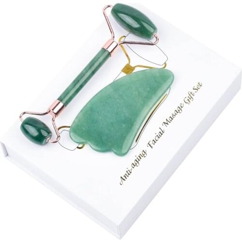 Roller Gua Sha Tool Set With Noise Free Set Natural Green Aventurine Face Massage Slimming Anti Wrinkle Cellulite Neck Gift Box
