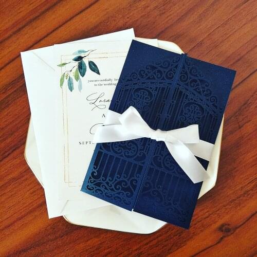Blue Shiny Gate Open Wedding Invitations with Ivory Ribbon DIY Personalized Print Laser Cut Bridal Shower Cards Party Invites