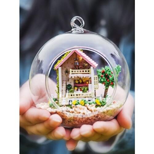 DIY Glass Ball Doll House Mini Sweet Mood Handmade Crafts Cute Puzzle Kids Study Creative Miniature Wooden Dollhouse LED Light