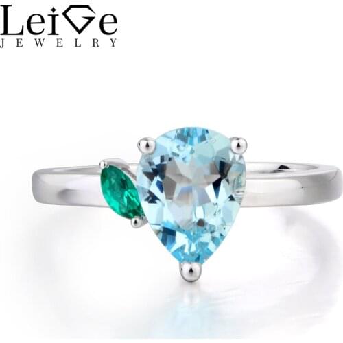 Leige Jewelry Proposal Ring Natural Aquamarine Ring March Birthstone Pear Cut Blue Gemstone 925 Sterling Silver Romantic Gifts
