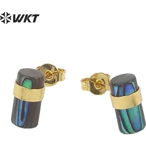 WT-MPE053 Gorgeous high quality stick shape natural green abalone shell studs gold electroplated cube elegant bohemian earrings