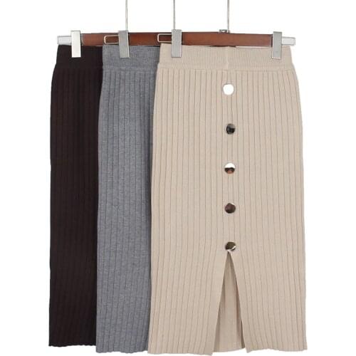 GIGOGOU High Waist Autumn Winter Knitted Women Skirts Warm skirt Long Female Rib Skirts With Button