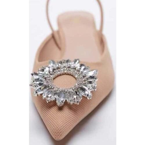 ZAR 2021 Summer New Fashion Pink Pointed Toe Mid Heel Sexy Crystal Rhinestone Outer Wear Sandals And Slippers Women Luxury Brand