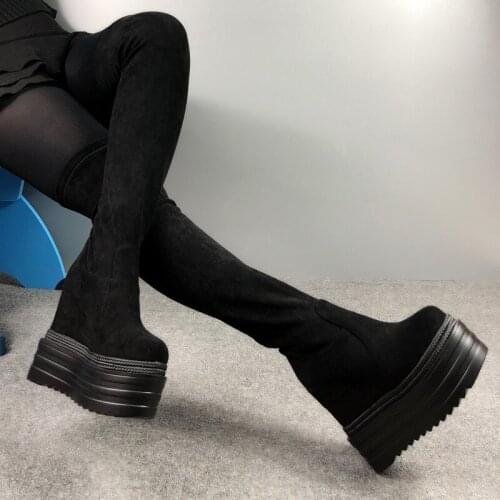 Long Boots 2020 New Super High Heel Womens Boots 13cm Wedges High Tube Boots Thick Sole Within Increased Over-the-Knee Boots