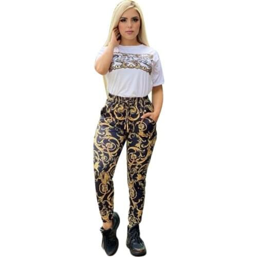 2 Piece Set Women Slim Flower Print Pants And Short Sleeve T-shirt Top 2021 Fashion Print Office Lady Suit Outfits Sets