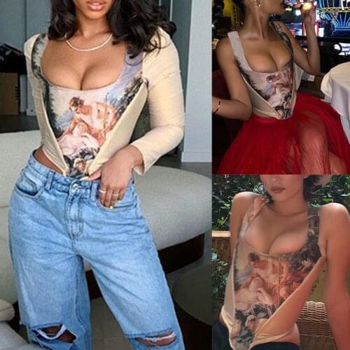 Women Sleeveless/Long Sleeve Crop Top Sexy Square Neck Angel Print Shirts Corset